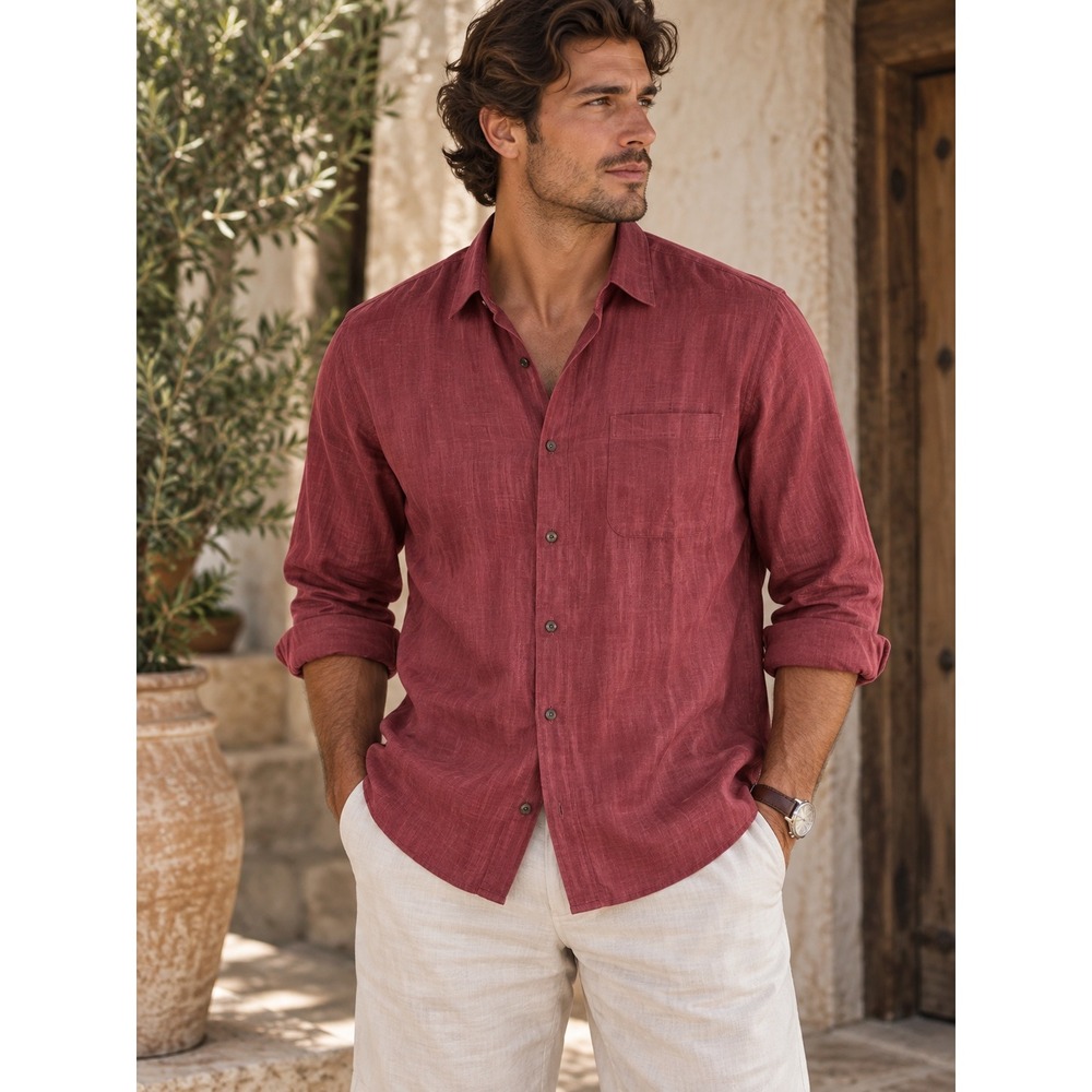 Jos A Bank 100% Linen Textured Button Down Shirt Mens Large Salmon Red